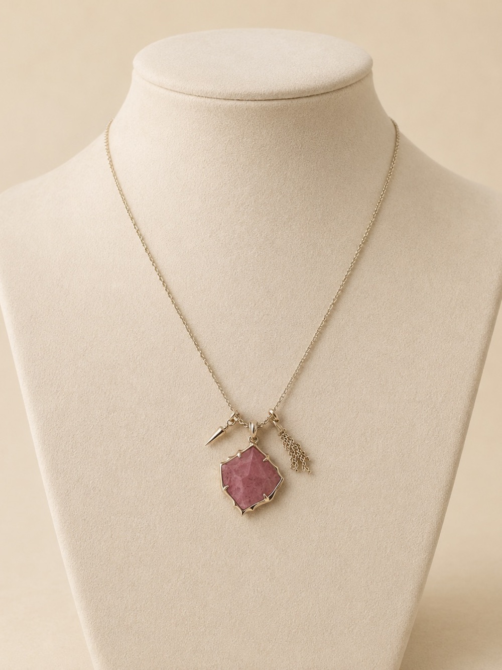 Gold-Tone Necklace with Pink Stone Pendant and Tassel